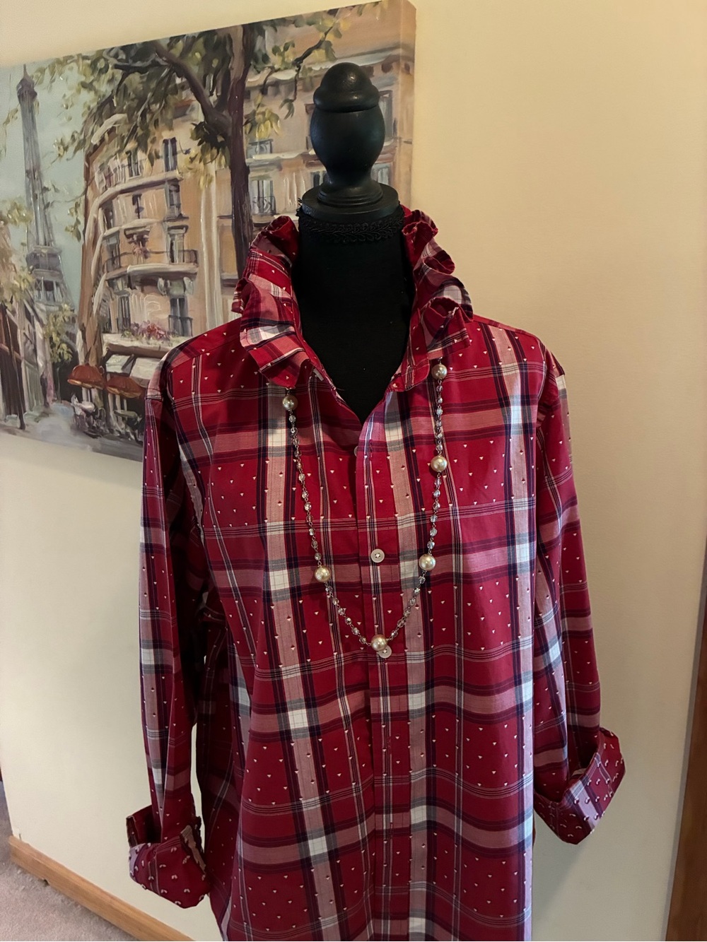 Club Room Red Plaid ruffle collar Shirt - Picture 2 of 5